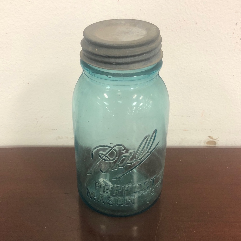 Vintage Perfect Mason Antique Blue Glass Jar with Lid